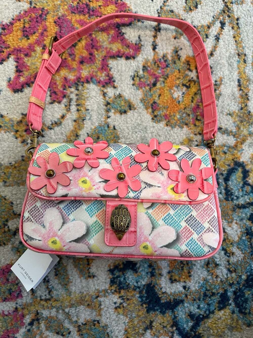 Kurt Geiger London Kensington Floral Print Shoulder Bag with Flower Appliques